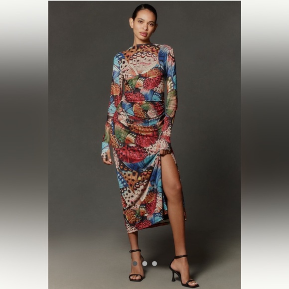 FARM Rio Dresses & Skirts - Anthropologie NWT Farm Rio Long-Sleeve Mock- Neck Mesh Slim Midi Dress size XL.